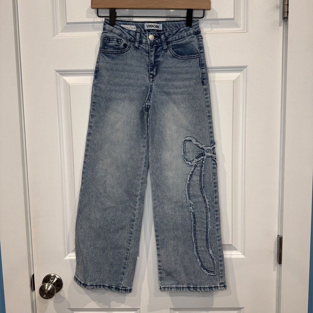Vigoss Girls Royce Wide Leg Jeans Light Wash Blue Bow Detail Size 10